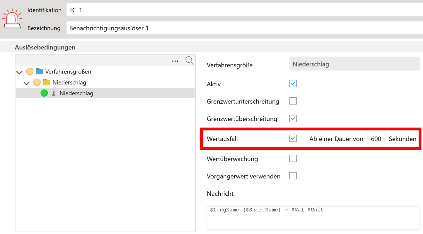 Wenn innerhalb von 600 Sekunden keine neuen Daten eingehen, senden Sie eine E-Mail-Benachrichtigung